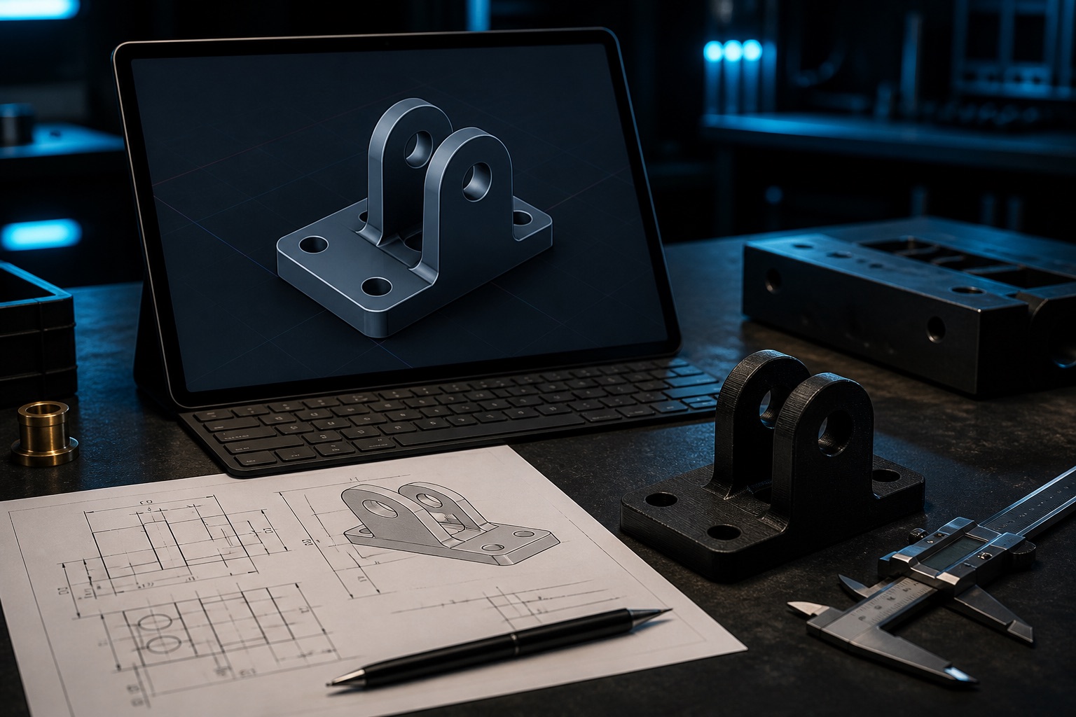 CAD-Konstruktion eines technischen Halters mit Zeichnung, Messschieber und Prototyp auf einer Werkbank
